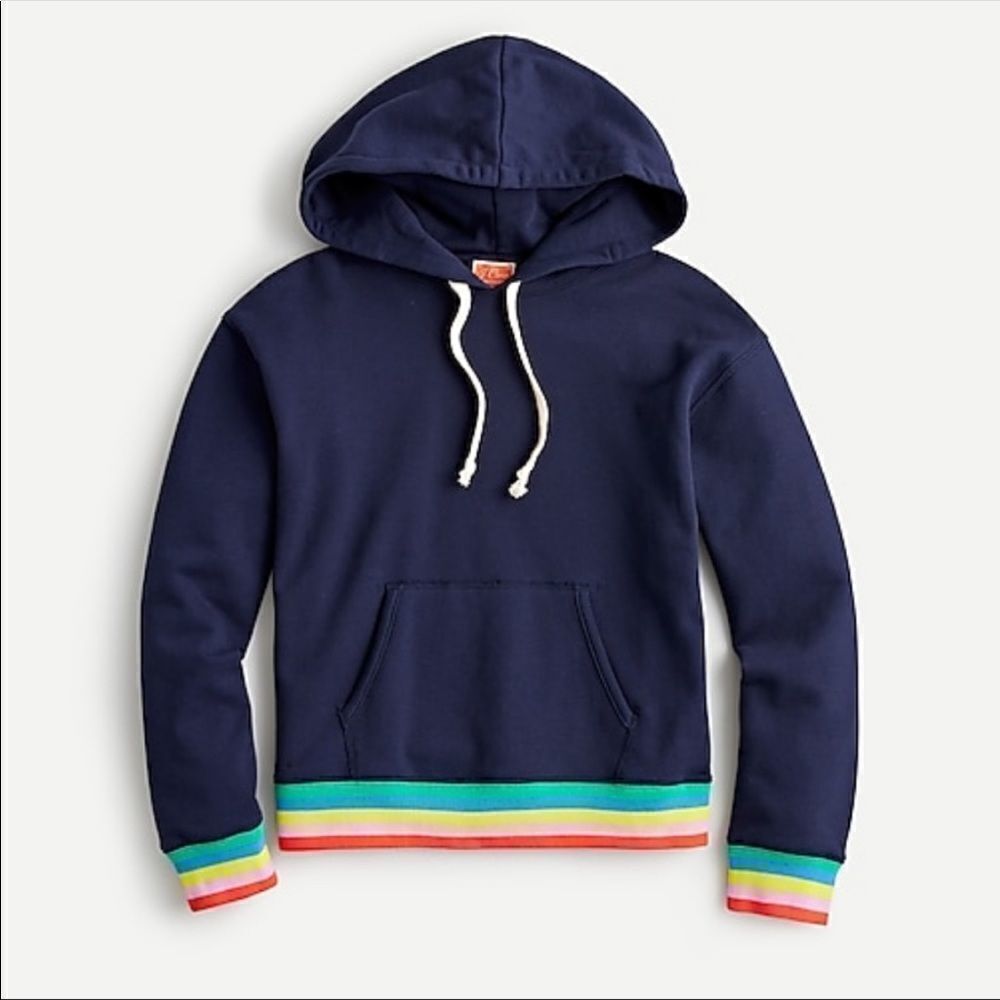 J CREW Nautical Weekend blue terry Striped Ribbed Rainbow Hoodie Size S Navy